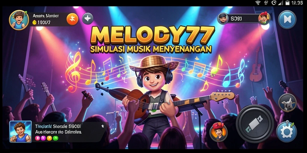 Screenshot gameplay <strong>MELODY77</strong> dengan berbagai elemen musik yang dinamis.